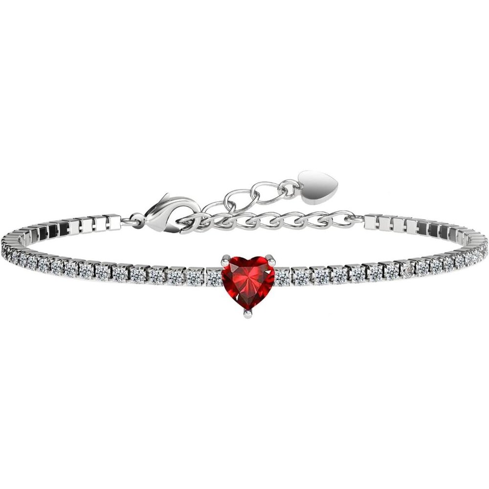 Garnet Jan. 14K Plated, A+ CZ Tennis Chain Heart Charm Bracelet
